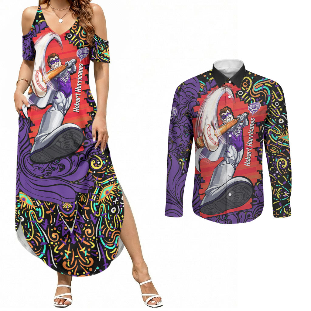 Personalized Hobart Hurricanes Cricket Couples Matching Summer Maxi Dress and Long Sleeve Button Shirt Hippie Psychedelic Pattern Vibrant Mandala Art Style