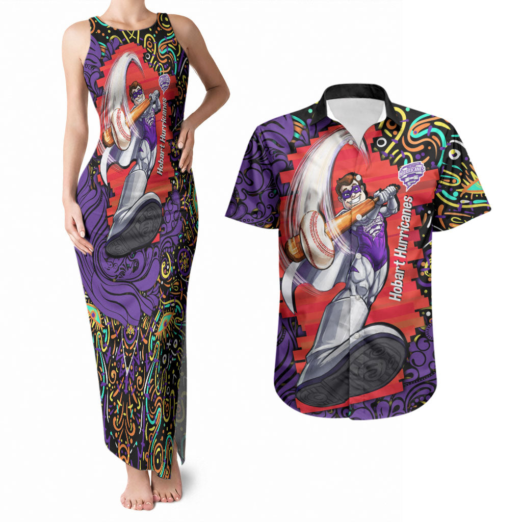 Personalized Hobart Hurricanes Cricket Couples Matching Tank Maxi Dress and Hawaiian Shirt Hippie Psychedelic Pattern Vibrant Mandala Art Style
