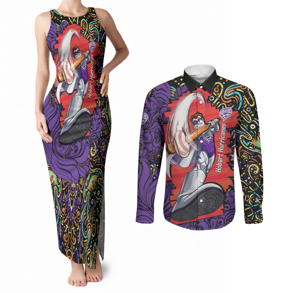 Personalized Hobart Hurricanes Cricket Couples Matching Tank Maxi Dress and Long Sleeve Button Shirt Hippie Psychedelic Pattern Vibrant Mandala Art Style