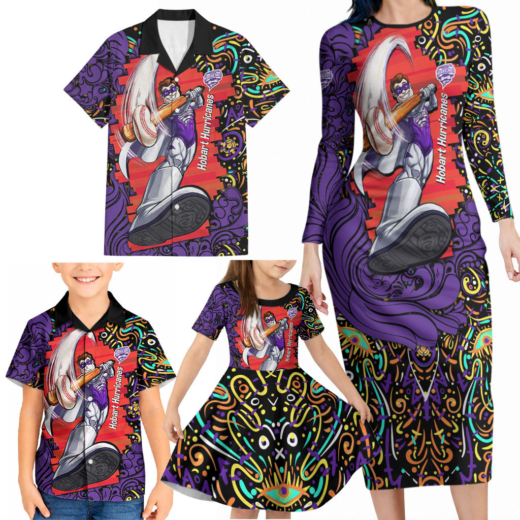 Personalized Hobart Hurricanes Cricket Family Matching Long Sleeve Bodycon Dress and Hawaiian Shirt Hippie Psychedelic Pattern Vibrant Mandala Art Style