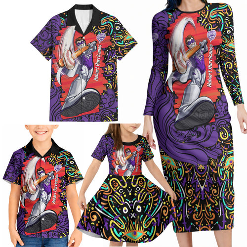 Personalized Hobart Hurricanes Cricket Family Matching Long Sleeve Bodycon Dress and Hawaiian Shirt Hippie Psychedelic Pattern Vibrant Mandala Art Style