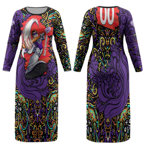Personalized Hobart Hurricanes Cricket Family Matching Long Sleeve Bodycon Dress and Hawaiian Shirt Hippie Psychedelic Pattern Vibrant Mandala Art Style