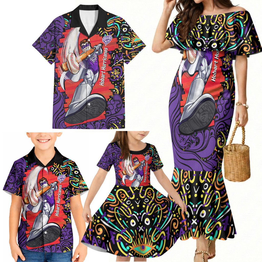Personalized Hobart Hurricanes Cricket Family Matching Mermaid Dress and Hawaiian Shirt Hippie Psychedelic Pattern Vibrant Mandala Art Style