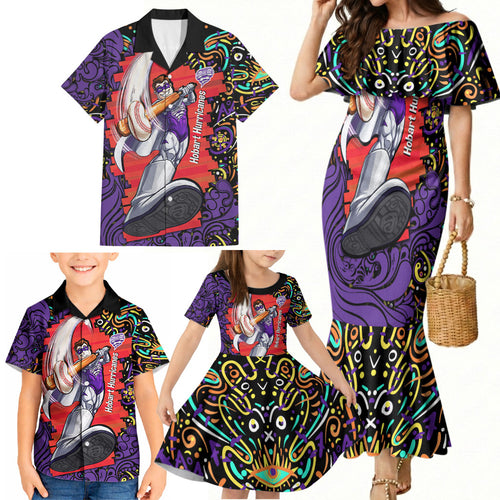 Personalized Hobart Hurricanes Cricket Family Matching Mermaid Dress and Hawaiian Shirt Hippie Psychedelic Pattern Vibrant Mandala Art Style