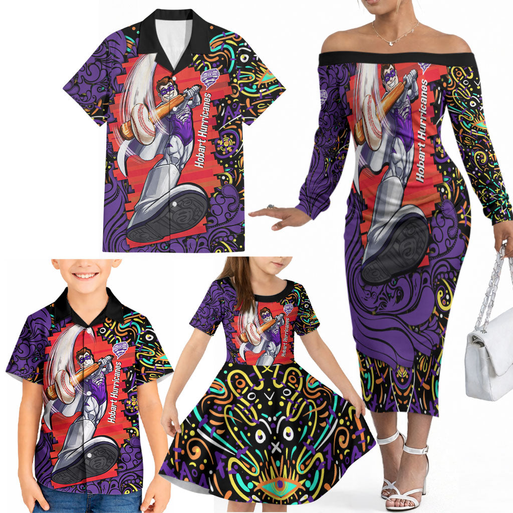 Personalized Hobart Hurricanes Cricket Family Matching Off The Shoulder Long Sleeve Dress and Hawaiian Shirt Hippie Psychedelic Pattern Vibrant Mandala Art Style