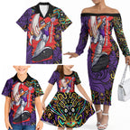 Personalized Hobart Hurricanes Cricket Family Matching Off The Shoulder Long Sleeve Dress and Hawaiian Shirt Hippie Psychedelic Pattern Vibrant Mandala Art Style