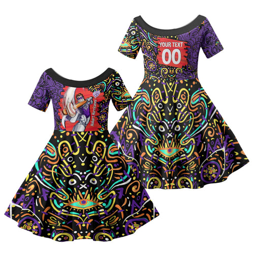 Personalized Hobart Hurricanes Cricket Family Matching Off The Shoulder Long Sleeve Dress and Hawaiian Shirt Hippie Psychedelic Pattern Vibrant Mandala Art Style