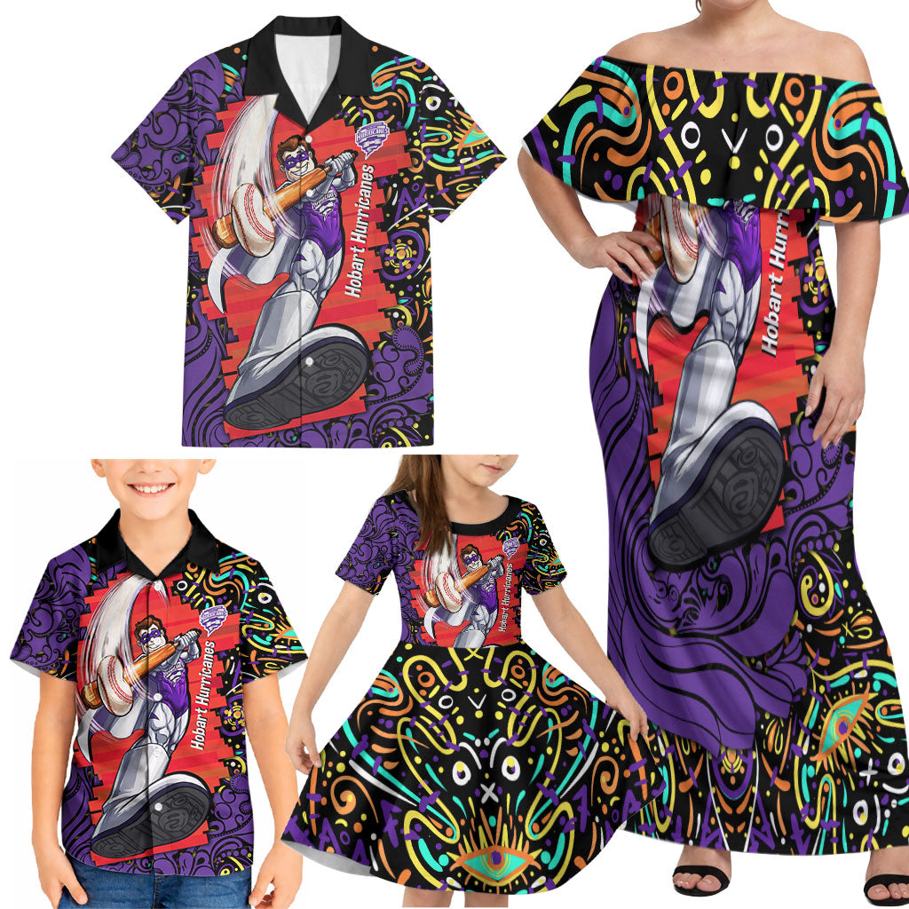 Personalized Hobart Hurricanes Cricket Family Matching Off Shoulder Maxi Dress and Hawaiian Shirt Hippie Psychedelic Pattern Vibrant Mandala Art Style