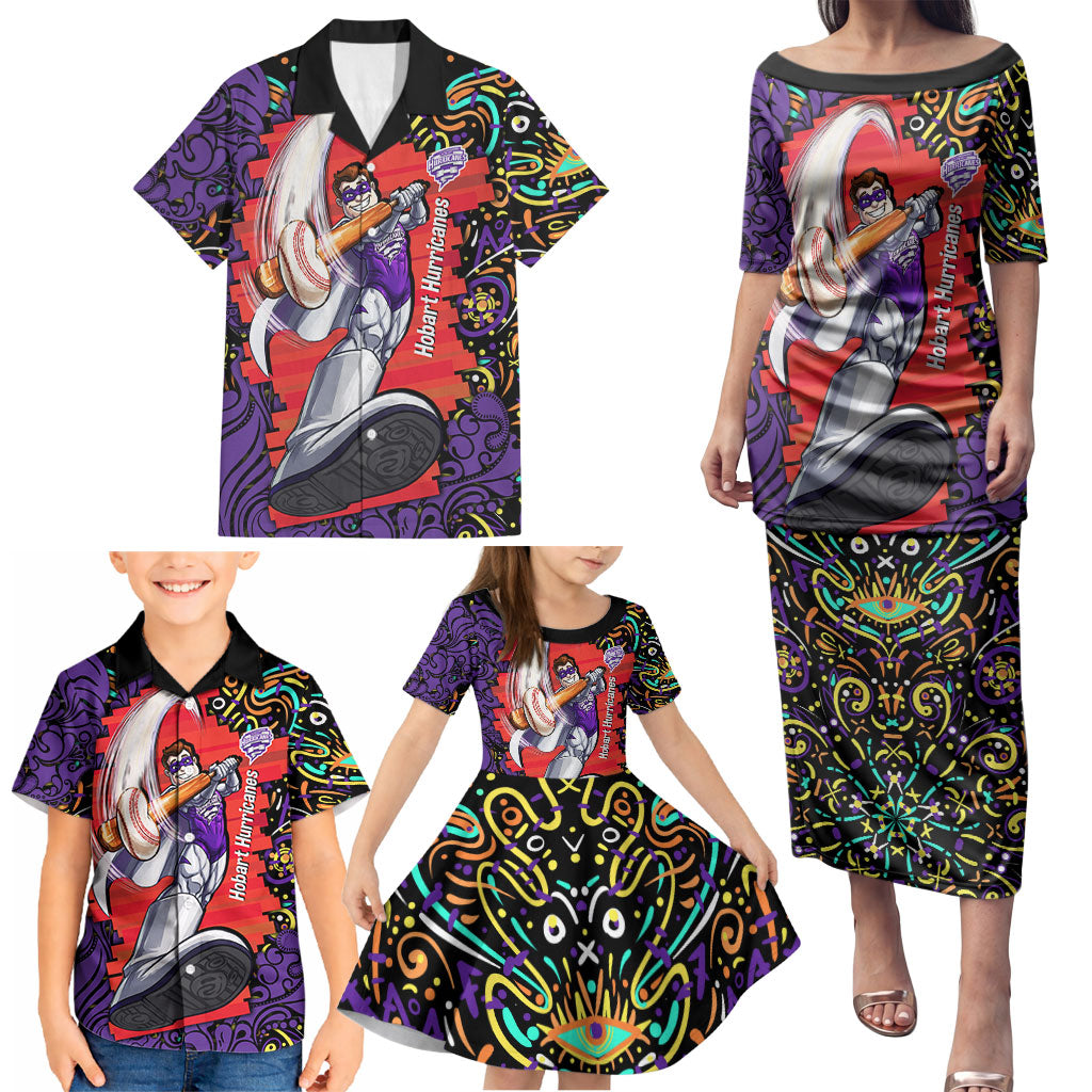 Personalized Hobart Hurricanes Cricket Family Matching Puletasi and Hawaiian Shirt Hippie Psychedelic Pattern Vibrant Mandala Art Style