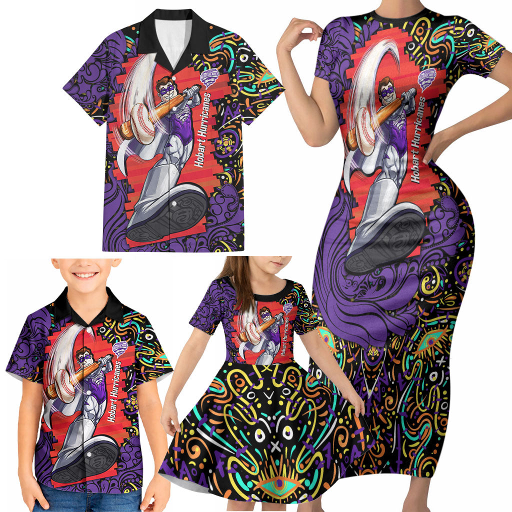 Personalized Hobart Hurricanes Cricket Family Matching Short Sleeve Bodycon Dress and Hawaiian Shirt Hippie Psychedelic Pattern Vibrant Mandala Art Style