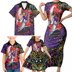 Personalized Hobart Hurricanes Cricket Family Matching Short Sleeve Bodycon Dress and Hawaiian Shirt Hippie Psychedelic Pattern Vibrant Mandala Art Style