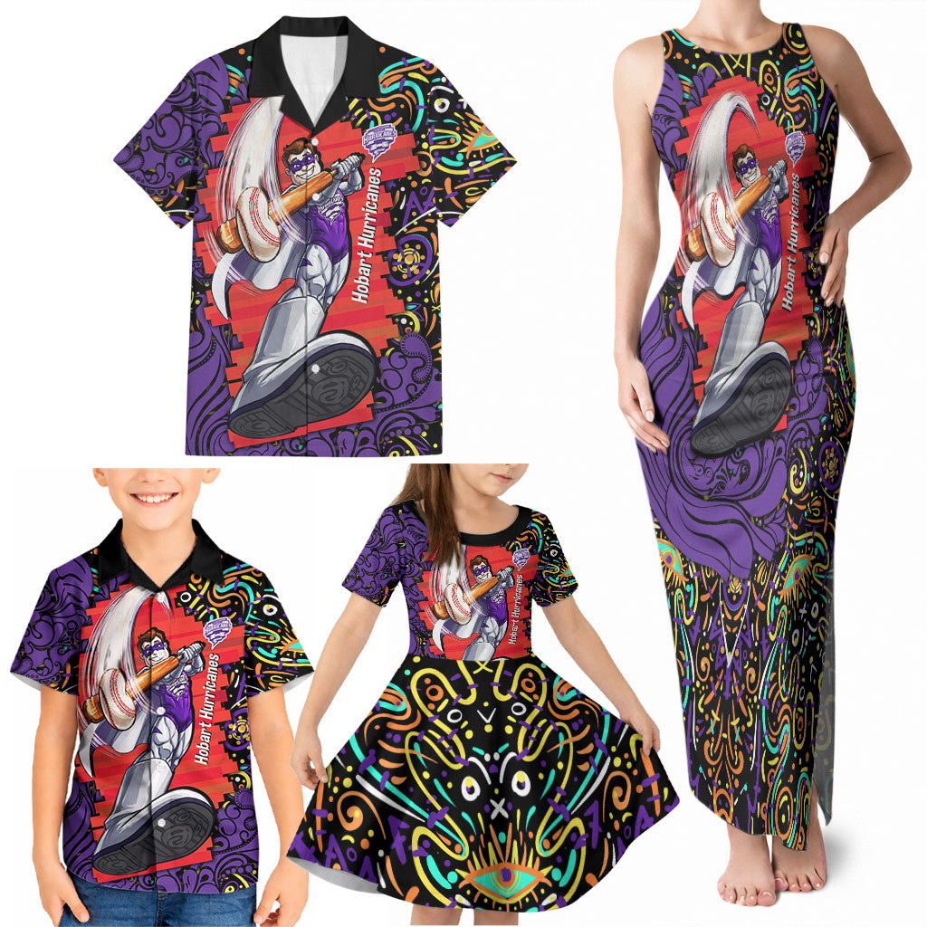 Personalized Hobart Hurricanes Cricket Family Matching Tank Maxi Dress and Hawaiian Shirt Hippie Psychedelic Pattern Vibrant Mandala Art Style