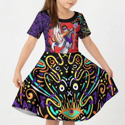 Personalized Hobart Hurricanes Cricket Kid Short Sleeve Dress Hippie Psychedelic Pattern Vibrant Mandala Art Style