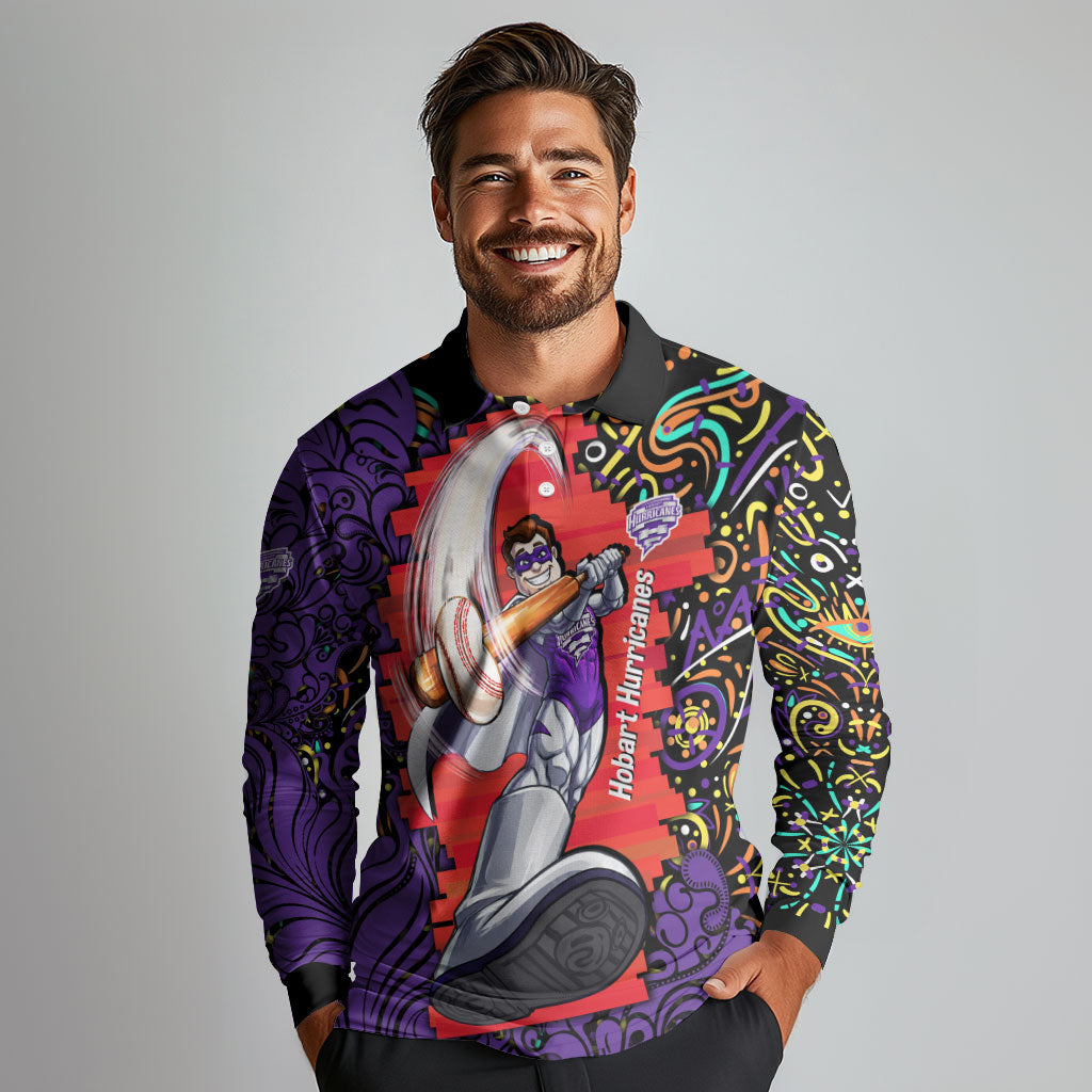 Personalized Hobart Hurricanes Cricket Long Sleeve Polo Shirt Hippie Psychedelic Pattern Vibrant Mandala Art Style