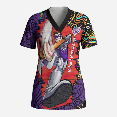 Personalized Hobart Hurricanes Cricket Scrub Top Hippie Psychedelic Pattern Vibrant Mandala Art Style