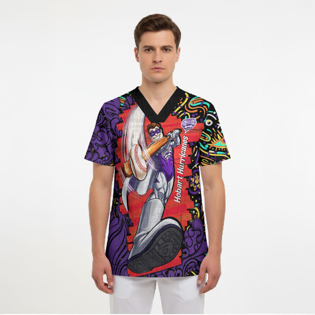 Personalized Hobart Hurricanes Cricket Scrub Top Hippie Psychedelic Pattern Vibrant Mandala Art Style