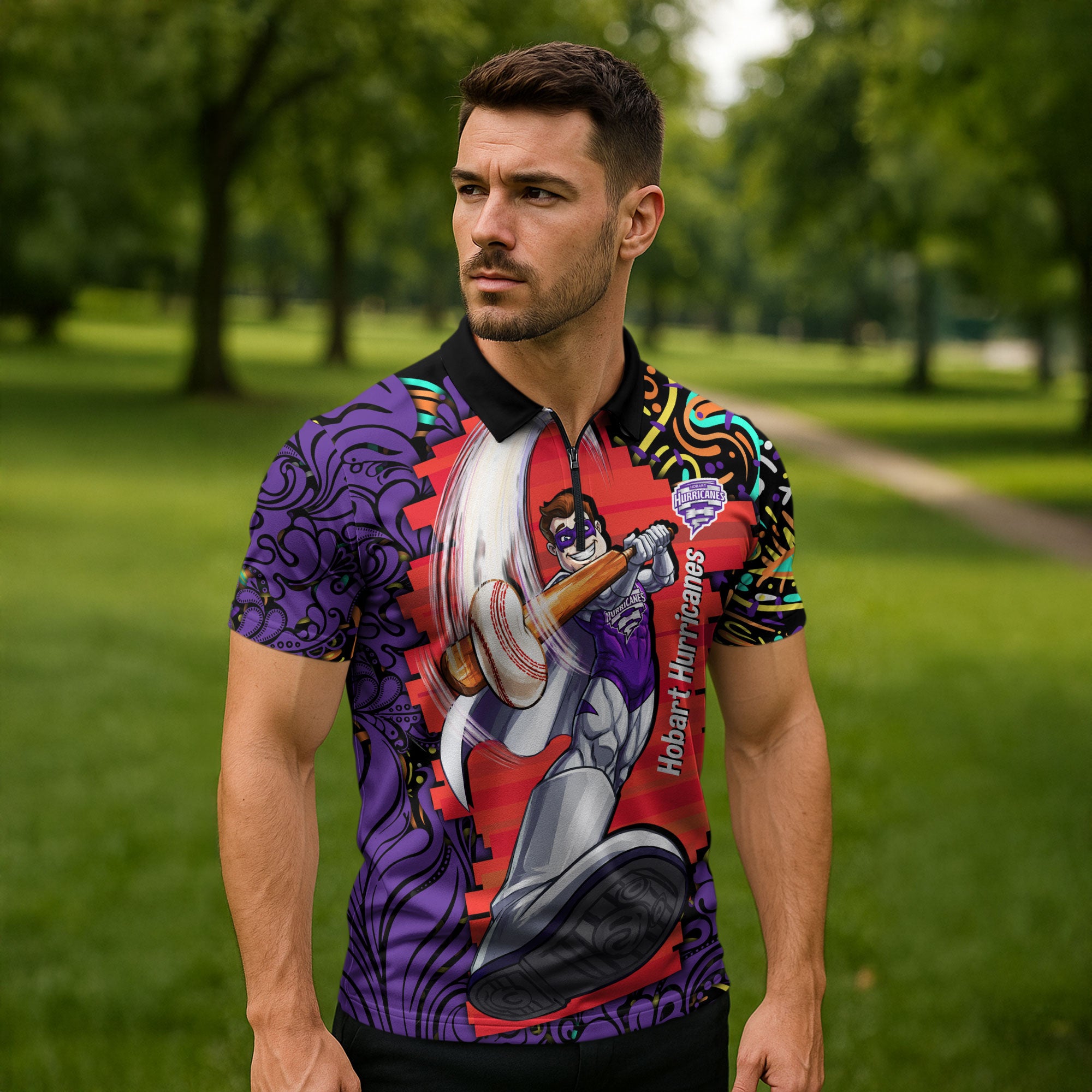 Personalized Hobart Hurricanes Cricket Zipper Polo Shirt Hippie Psychedelic Pattern Vibrant Mandala Art Style
