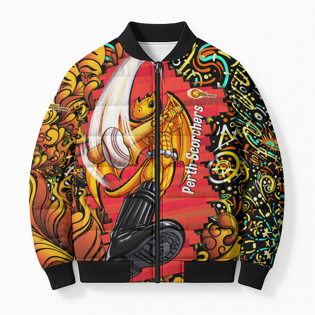 Personalized Perth Scorchers Cricket Bomber Puffer Jacket Hippie Psychedelic Pattern Vibrant Mandala Art Style