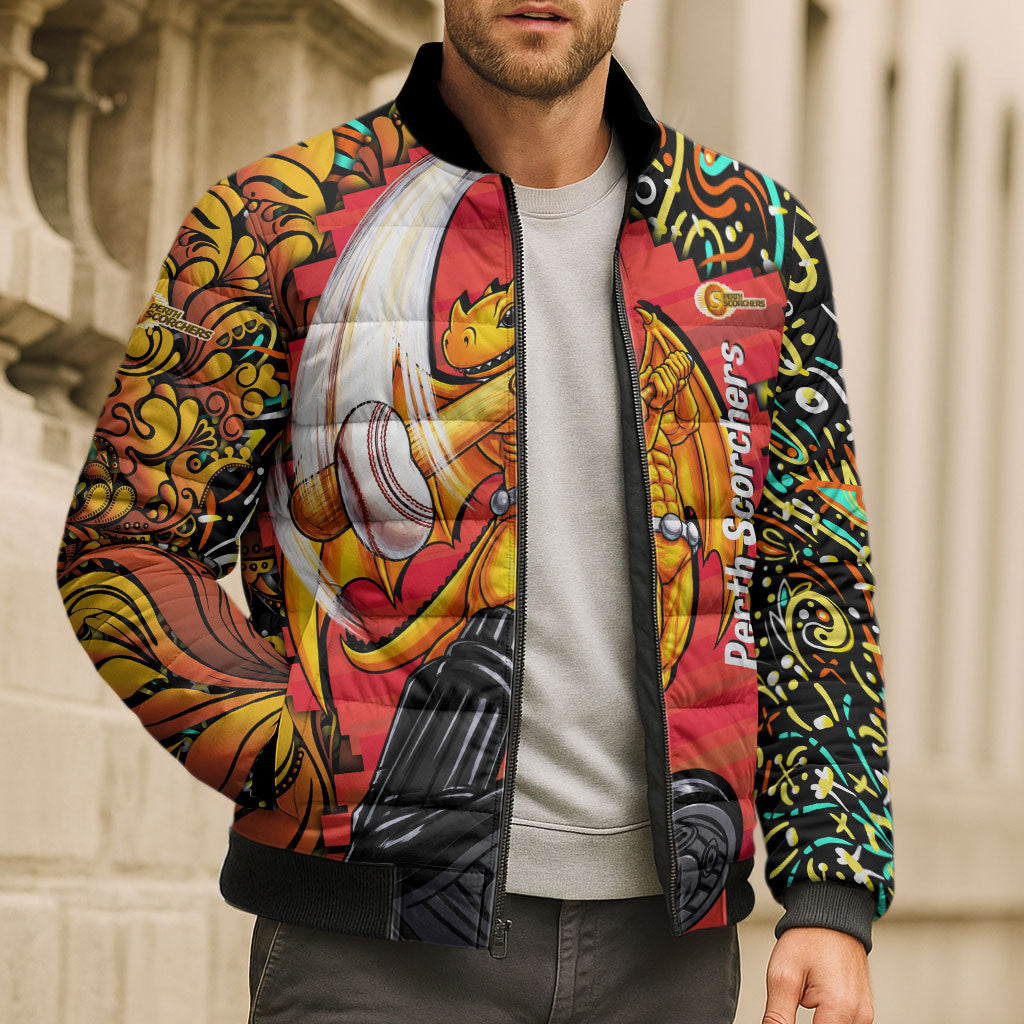 Personalized Perth Scorchers Cricket Bomber Puffer Jacket Hippie Psychedelic Pattern Vibrant Mandala Art Style