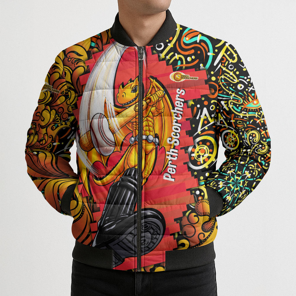 Personalized Perth Scorchers Cricket Bomber Puffer Jacket Hippie Psychedelic Pattern Vibrant Mandala Art Style