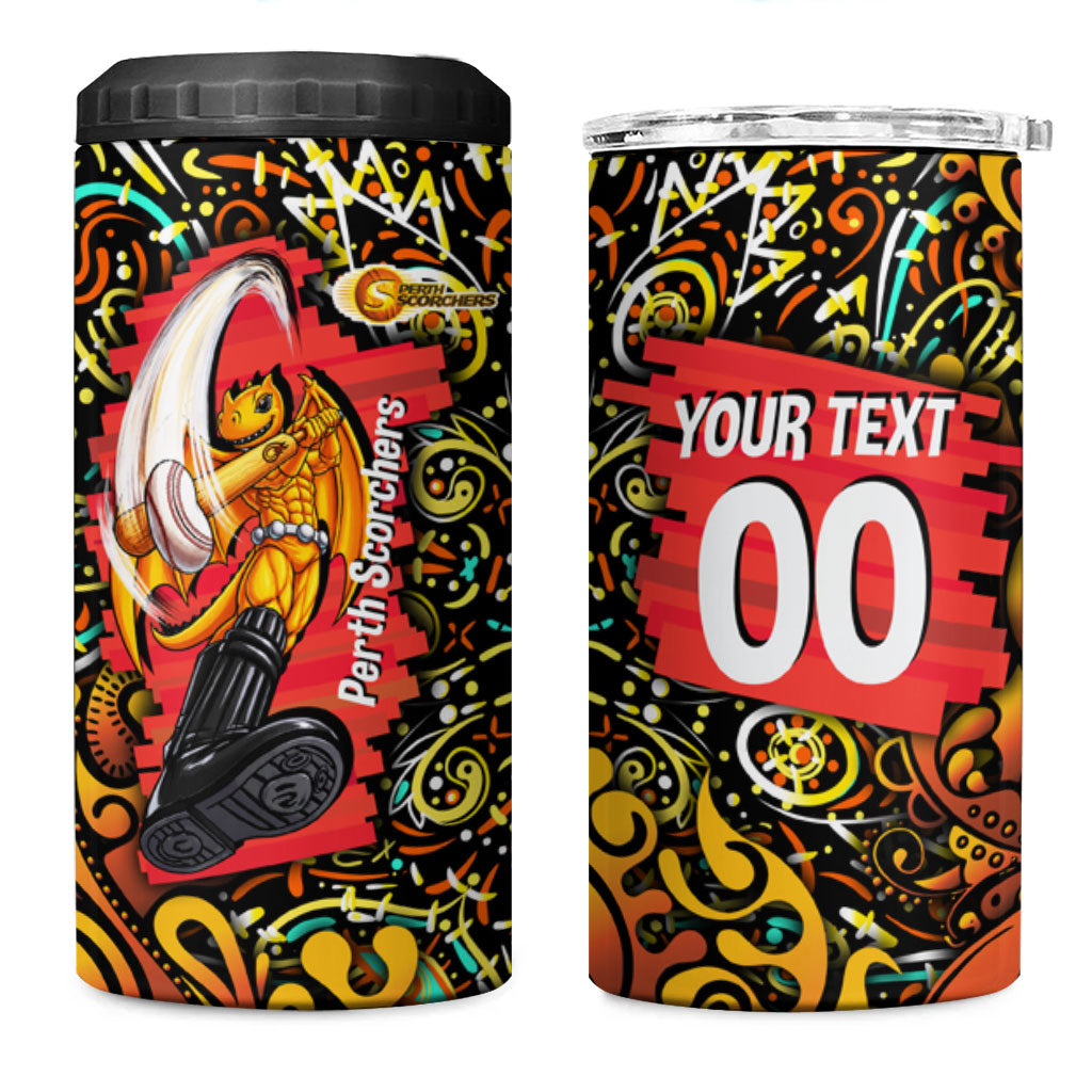 Personalized Perth Scorchers Cricket 4 in 1 Can Cooler Tumbler Hippie Psychedelic Pattern Vibrant Mandala Art Style