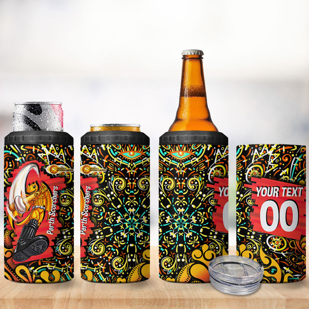 Personalized Perth Scorchers Cricket 4 in 1 Can Cooler Tumbler Hippie Psychedelic Pattern Vibrant Mandala Art Style