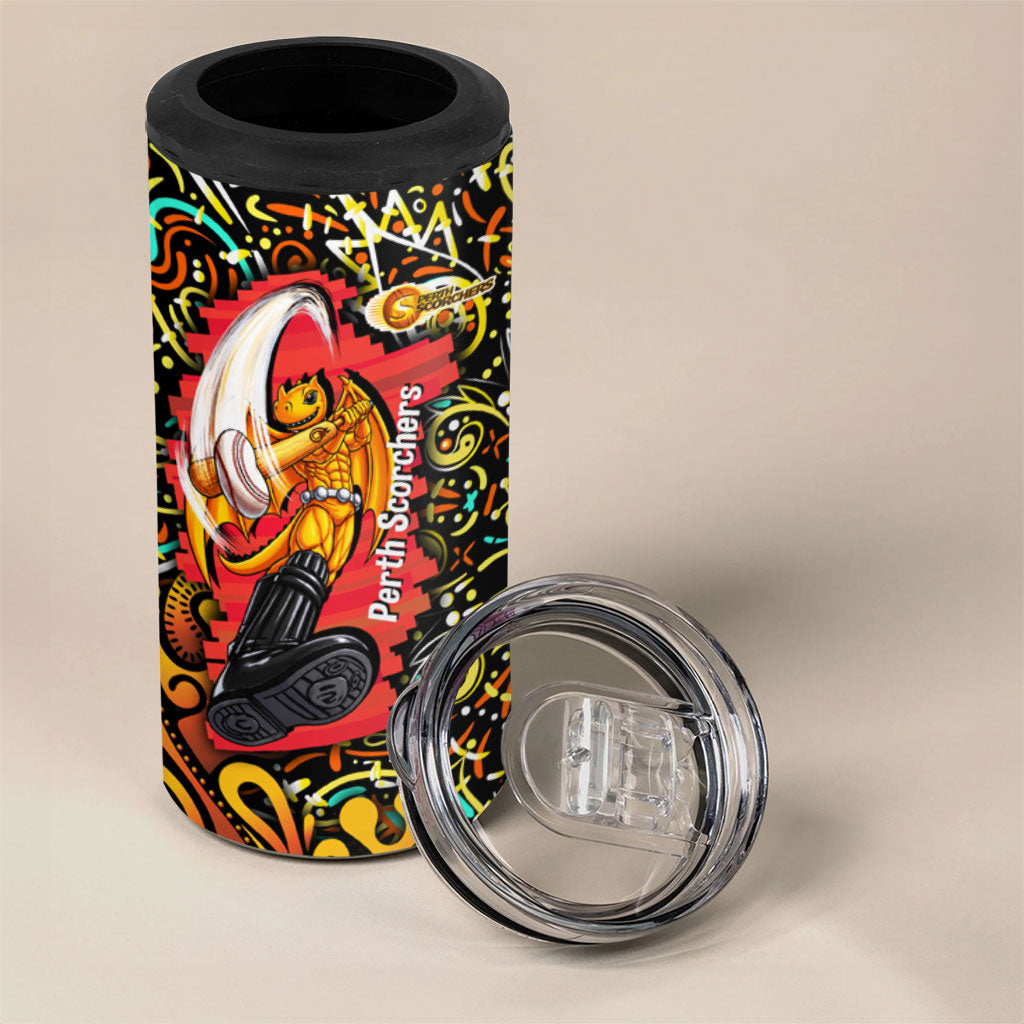 Personalized Perth Scorchers Cricket 4 in 1 Can Cooler Tumbler Hippie Psychedelic Pattern Vibrant Mandala Art Style