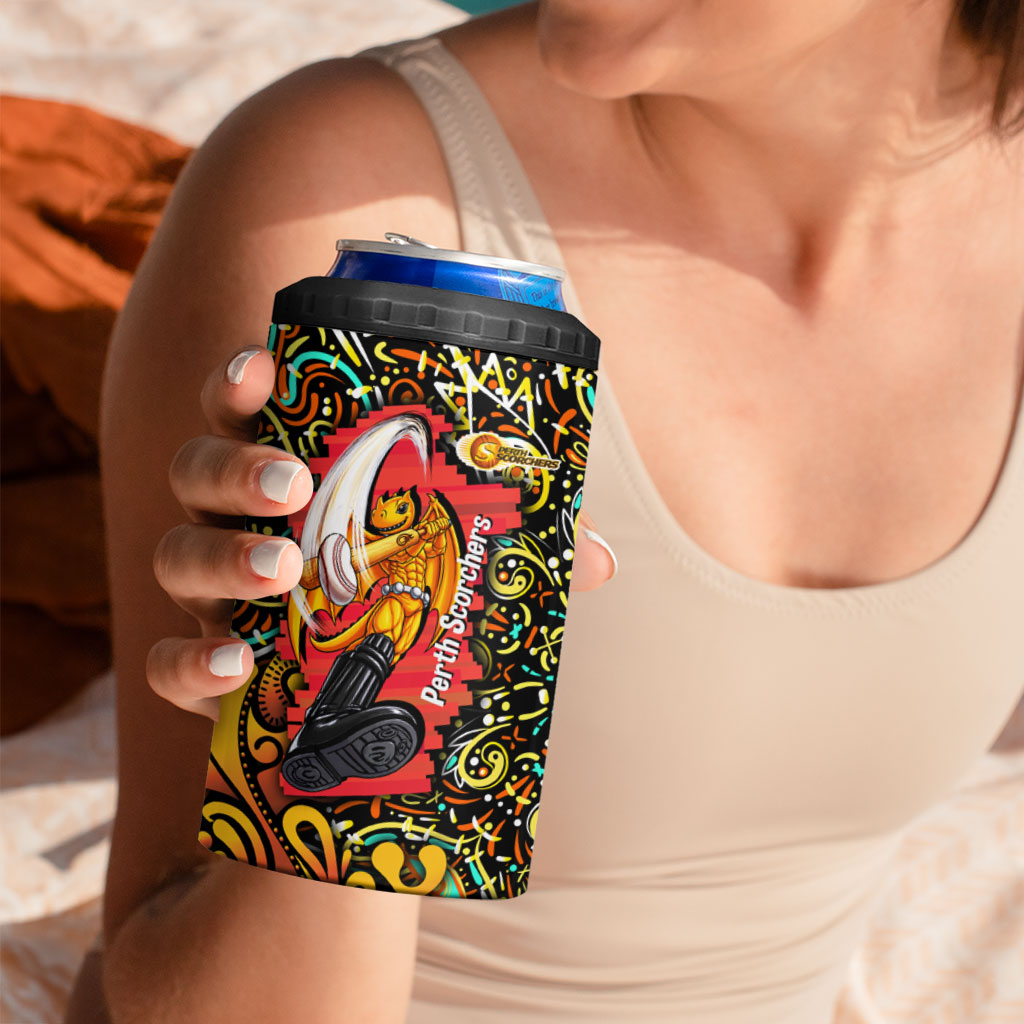 Personalized Perth Scorchers Cricket 4 in 1 Can Cooler Tumbler Hippie Psychedelic Pattern Vibrant Mandala Art Style