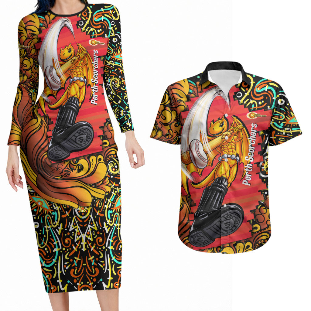 Personalized Perth Scorchers Cricket Couples Matching Long Sleeve Bodycon Dress and Hawaiian Shirt Hippie Psychedelic Pattern Vibrant Mandala Art Style