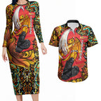Personalized Perth Scorchers Cricket Couples Matching Long Sleeve Bodycon Dress and Hawaiian Shirt Hippie Psychedelic Pattern Vibrant Mandala Art Style