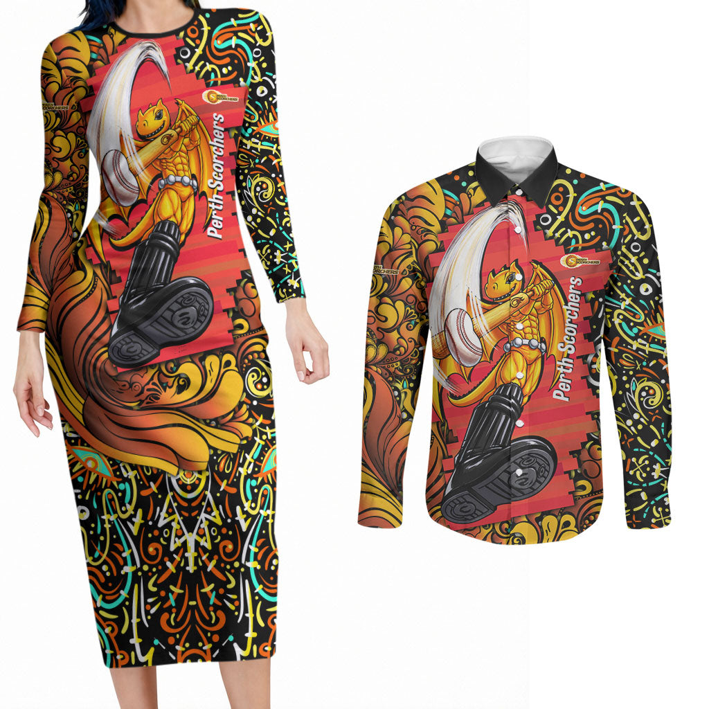 Personalized Perth Scorchers Cricket Couples Matching Long Sleeve Bodycon Dress and Long Sleeve Button Shirt Hippie Psychedelic Pattern Vibrant Mandala Art Style