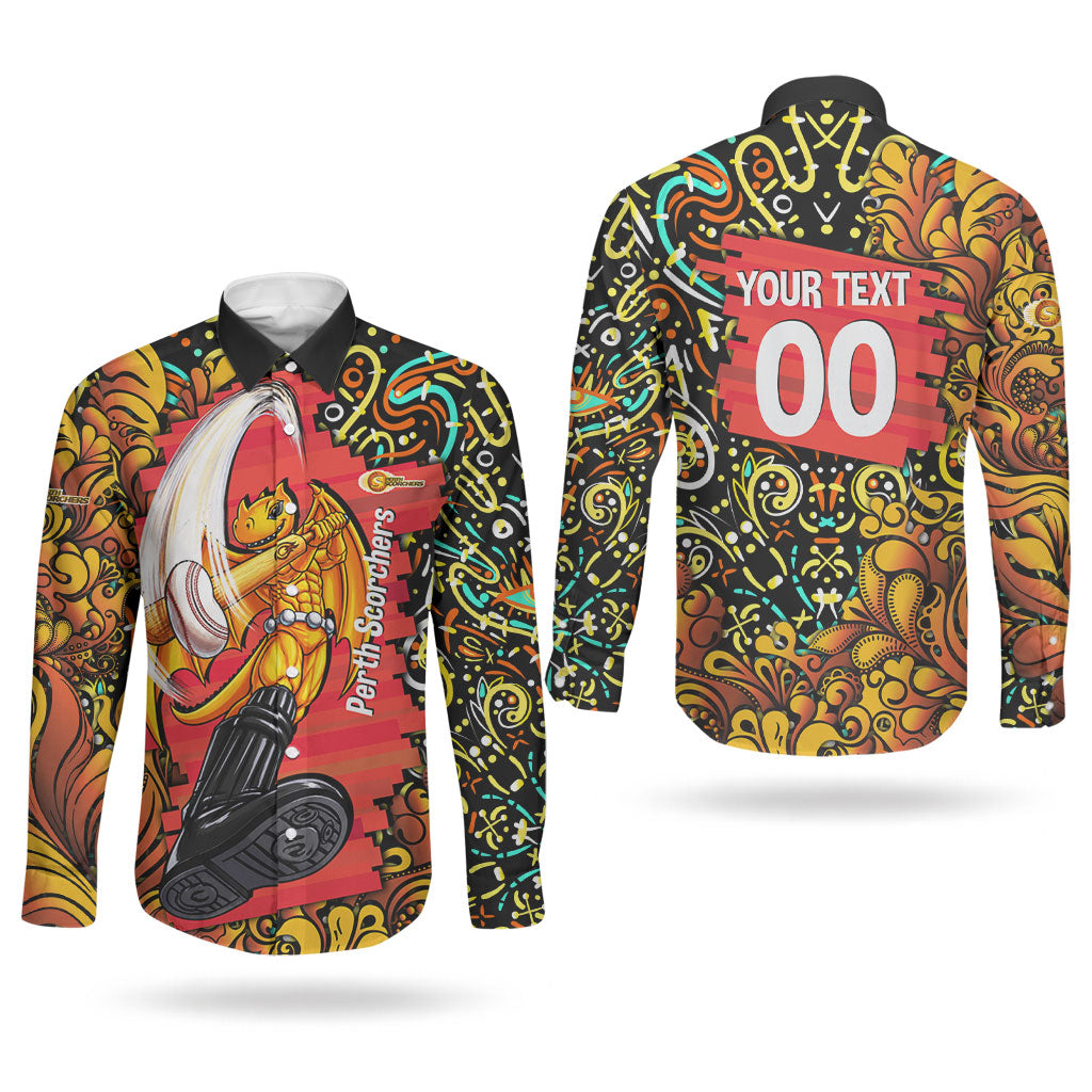 Personalized Perth Scorchers Cricket Couples Matching Long Sleeve Bodycon Dress and Long Sleeve Button Shirt Hippie Psychedelic Pattern Vibrant Mandala Art Style
