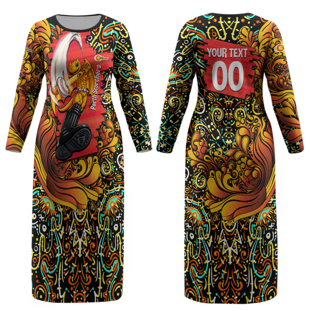 Personalized Perth Scorchers Cricket Couples Matching Long Sleeve Bodycon Dress and Long Sleeve Button Shirt Hippie Psychedelic Pattern Vibrant Mandala Art Style