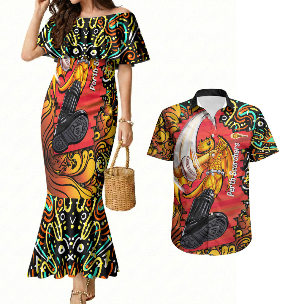 Personalized Perth Scorchers Cricket Couples Matching Mermaid Dress and Hawaiian Shirt Hippie Psychedelic Pattern Vibrant Mandala Art Style
