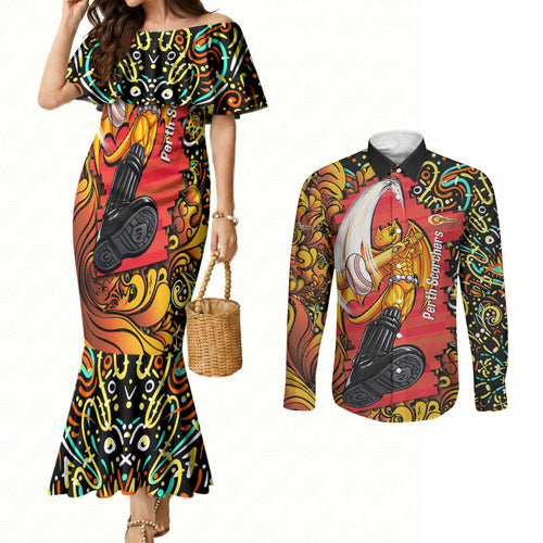 Personalized Perth Scorchers Cricket Couples Matching Mermaid Dress and Long Sleeve Button Shirt Hippie Psychedelic Pattern Vibrant Mandala Art Style