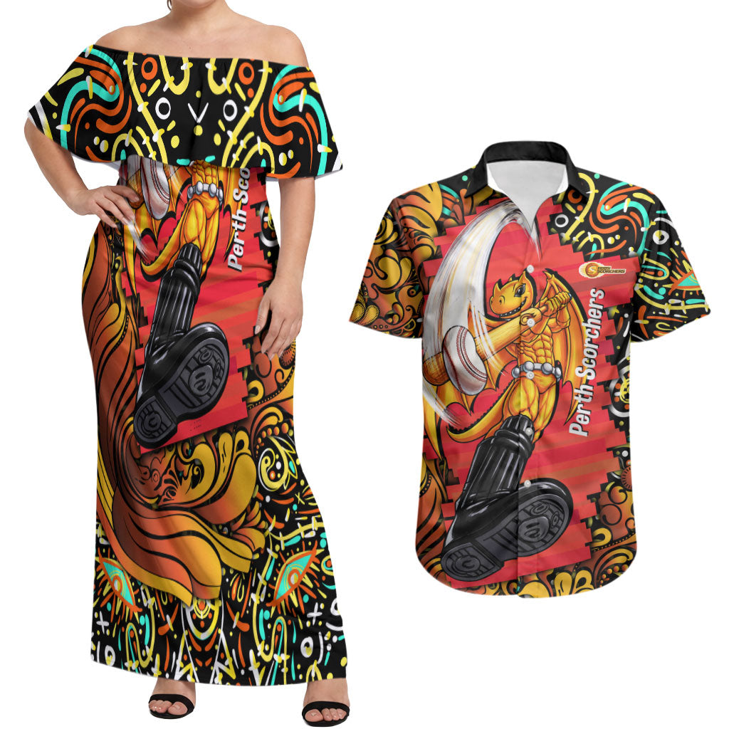 Personalized Perth Scorchers Cricket Couples Matching Off Shoulder Maxi Dress and Hawaiian Shirt Hippie Psychedelic Pattern Vibrant Mandala Art Style
