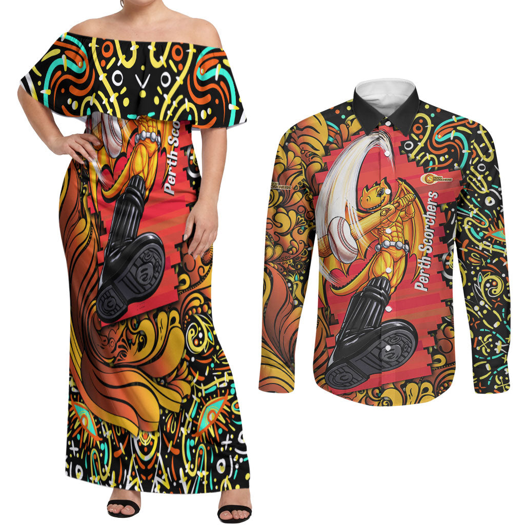 Personalized Perth Scorchers Cricket Couples Matching Off Shoulder Maxi Dress and Long Sleeve Button Shirt Hippie Psychedelic Pattern Vibrant Mandala Art Style