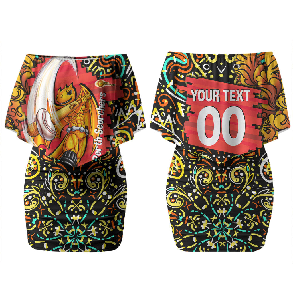 Personalized Perth Scorchers Cricket Couples Matching Off Shoulder Short Dress and Hawaiian Shirt Hippie Psychedelic Pattern Vibrant Mandala Art Style