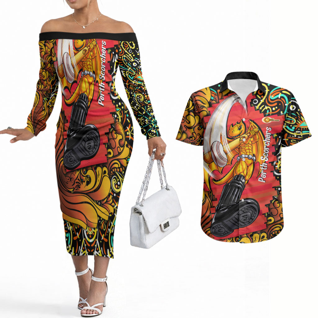 Personalized Perth Scorchers Cricket Couples Matching Off The Shoulder Long Sleeve Dress and Hawaiian Shirt Hippie Psychedelic Pattern Vibrant Mandala Art Style