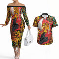 Personalized Perth Scorchers Cricket Couples Matching Off The Shoulder Long Sleeve Dress and Hawaiian Shirt Hippie Psychedelic Pattern Vibrant Mandala Art Style