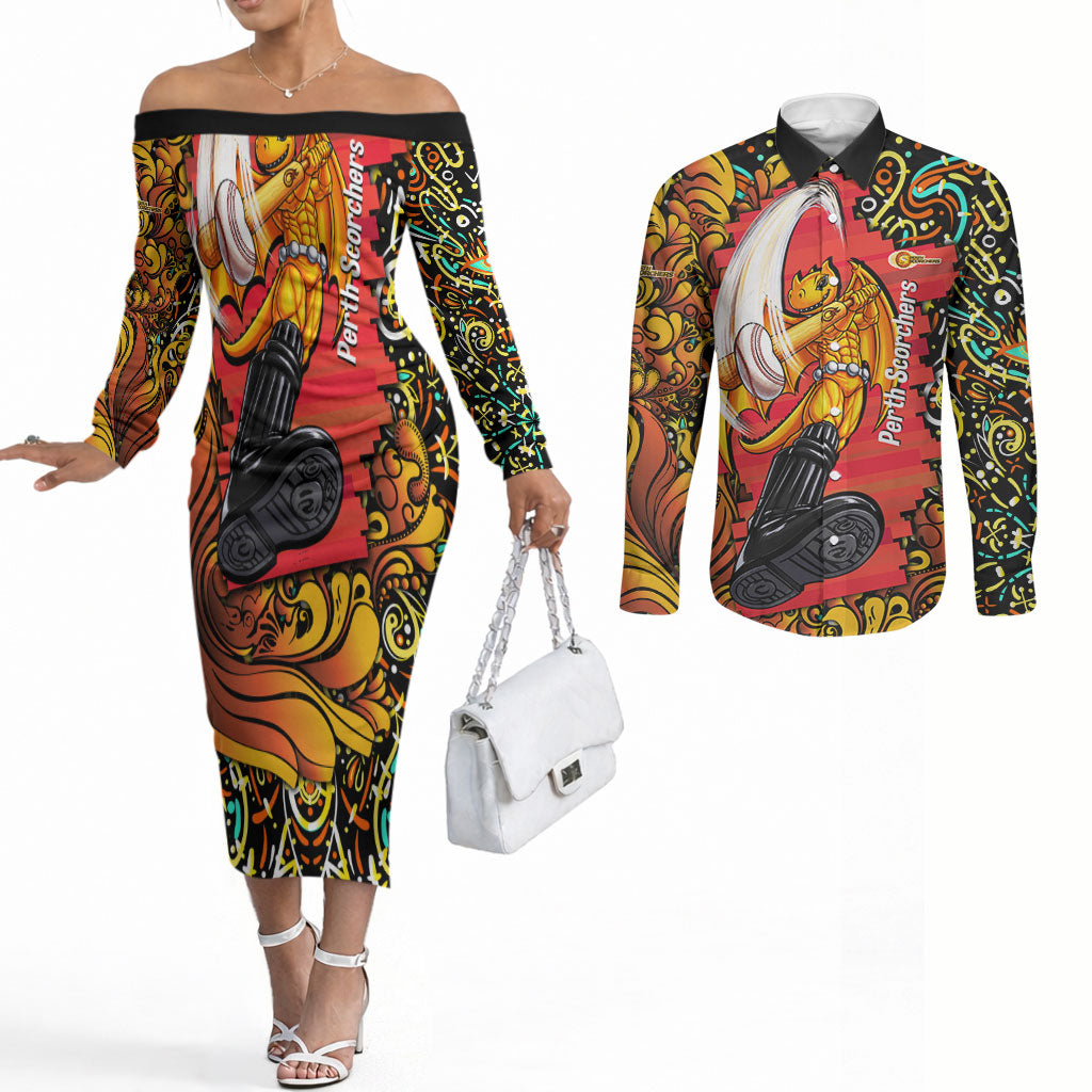 Personalized Perth Scorchers Cricket Couples Matching Off The Shoulder Long Sleeve Dress and Long Sleeve Button Shirt Hippie Psychedelic Pattern Vibrant Mandala Art Style