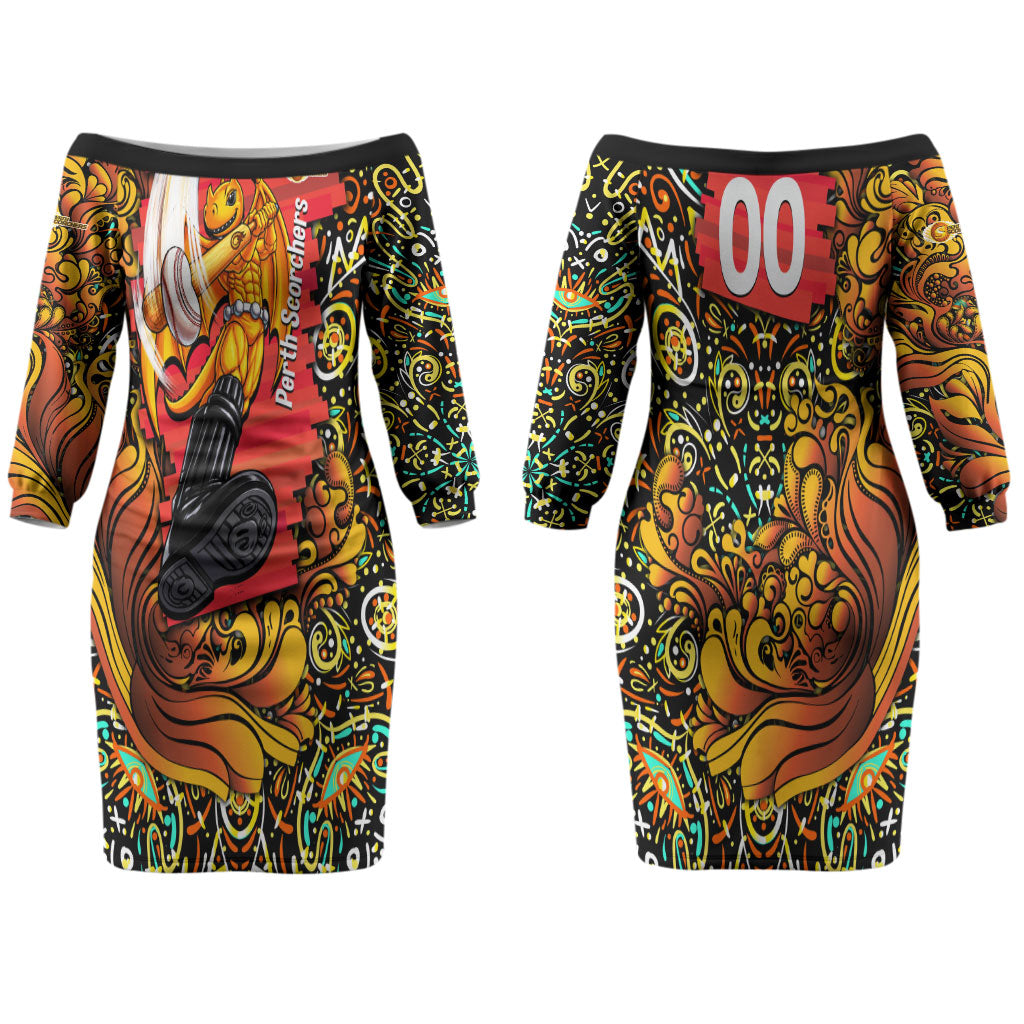 Personalized Perth Scorchers Cricket Couples Matching Off The Shoulder Long Sleeve Dress and Long Sleeve Button Shirt Hippie Psychedelic Pattern Vibrant Mandala Art Style