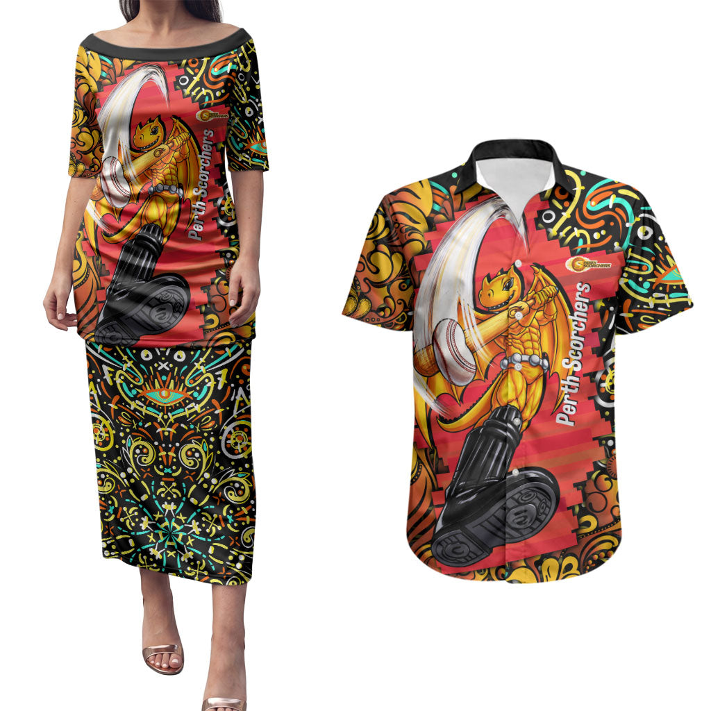 Personalized Perth Scorchers Cricket Couples Matching Puletasi and Hawaiian Shirt Hippie Psychedelic Pattern Vibrant Mandala Art Style