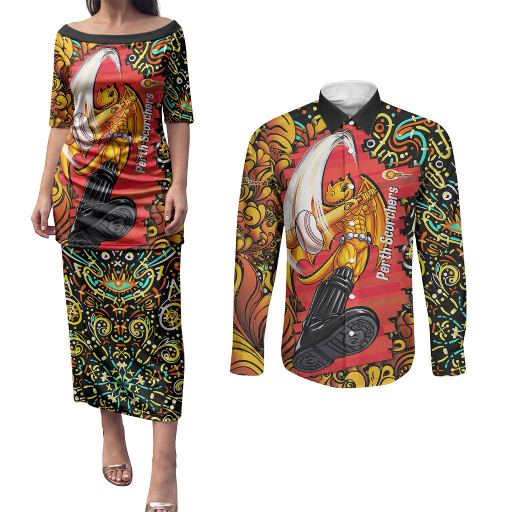 Personalized Perth Scorchers Cricket Couples Matching Puletasi and Long Sleeve Button Shirt Hippie Psychedelic Pattern Vibrant Mandala Art Style