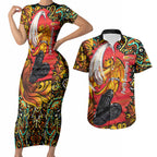 Personalized Perth Scorchers Cricket Couples Matching Short Sleeve Bodycon Dress and Hawaiian Shirt Hippie Psychedelic Pattern Vibrant Mandala Art Style