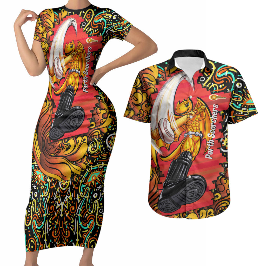 Personalized Perth Scorchers Cricket Couples Matching Short Sleeve Bodycon Dress and Hawaiian Shirt Hippie Psychedelic Pattern Vibrant Mandala Art Style