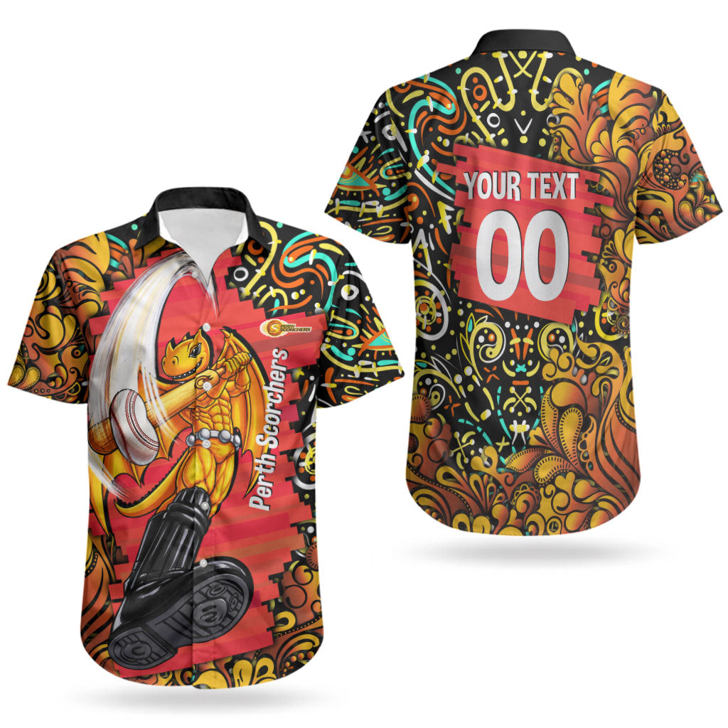 Personalized Perth Scorchers Cricket Couples Matching Short Sleeve Bodycon Dress and Hawaiian Shirt Hippie Psychedelic Pattern Vibrant Mandala Art Style