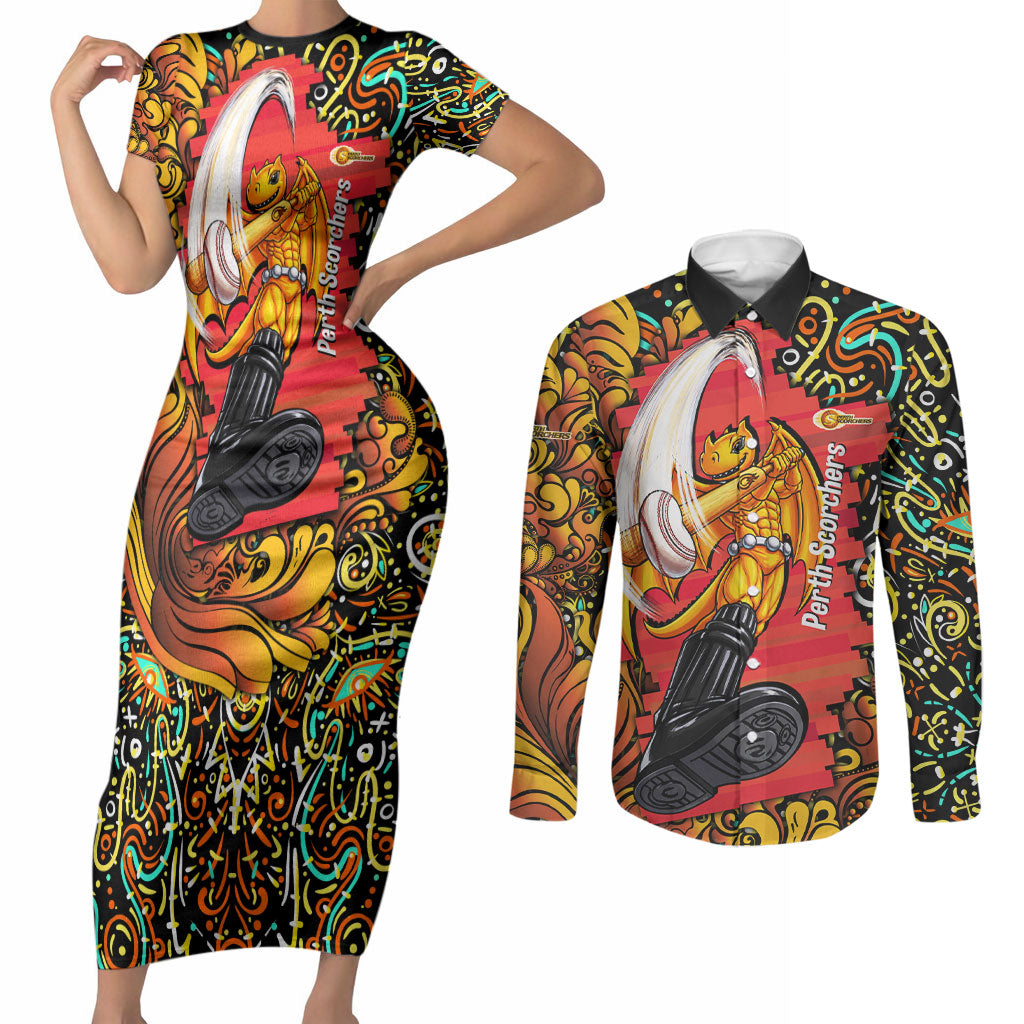 Personalized Perth Scorchers Cricket Couples Matching Short Sleeve Bodycon Dress and Long Sleeve Button Shirt Hippie Psychedelic Pattern Vibrant Mandala Art Style