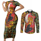Personalized Perth Scorchers Cricket Couples Matching Short Sleeve Bodycon Dress and Long Sleeve Button Shirt Hippie Psychedelic Pattern Vibrant Mandala Art Style