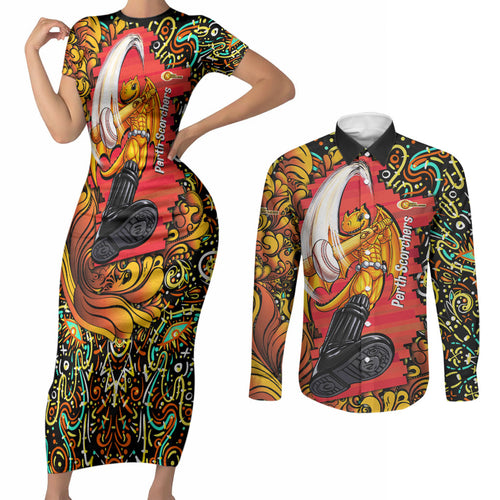 Personalized Perth Scorchers Cricket Couples Matching Short Sleeve Bodycon Dress and Long Sleeve Button Shirt Hippie Psychedelic Pattern Vibrant Mandala Art Style